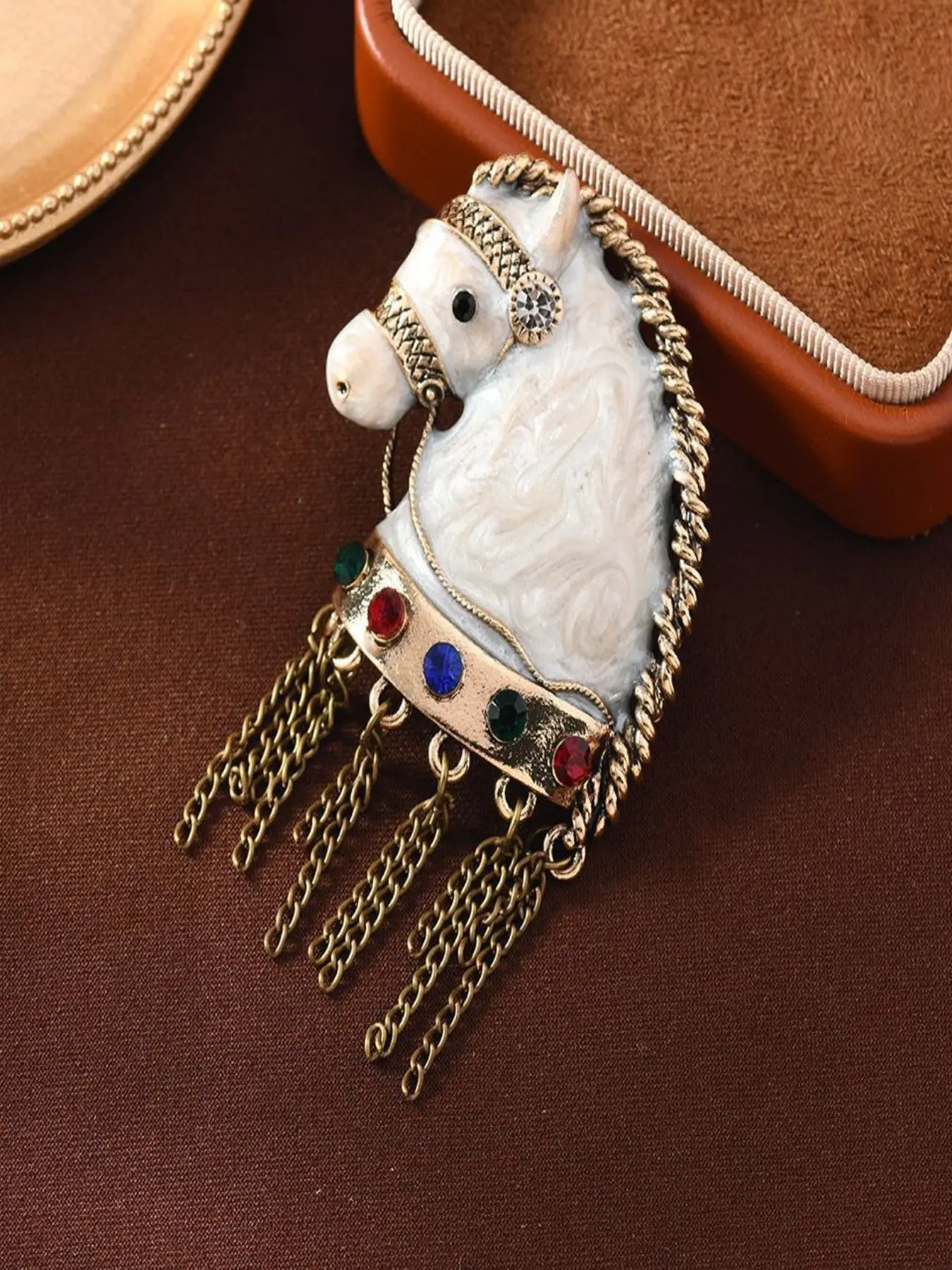 Vintage Fringe War Horse Pin, Cloud Glaze Animal Head Brooch, Clothing Jacket Accessory, Suit Lapel Flower Badge