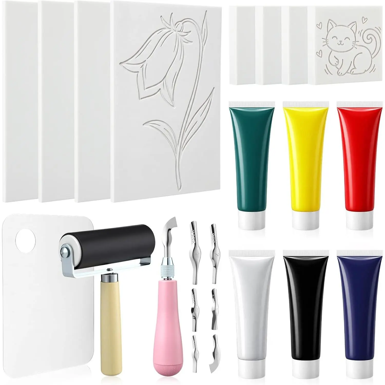 17 Pcs Linocut Blocks for Printmaking, Stamp Making Carving Linocut Kit for DIY Gift, Rubber Stamp Carving Screen Printing Kit with 6 Colors Block Printing Ink, Rubber Block, Brayer
