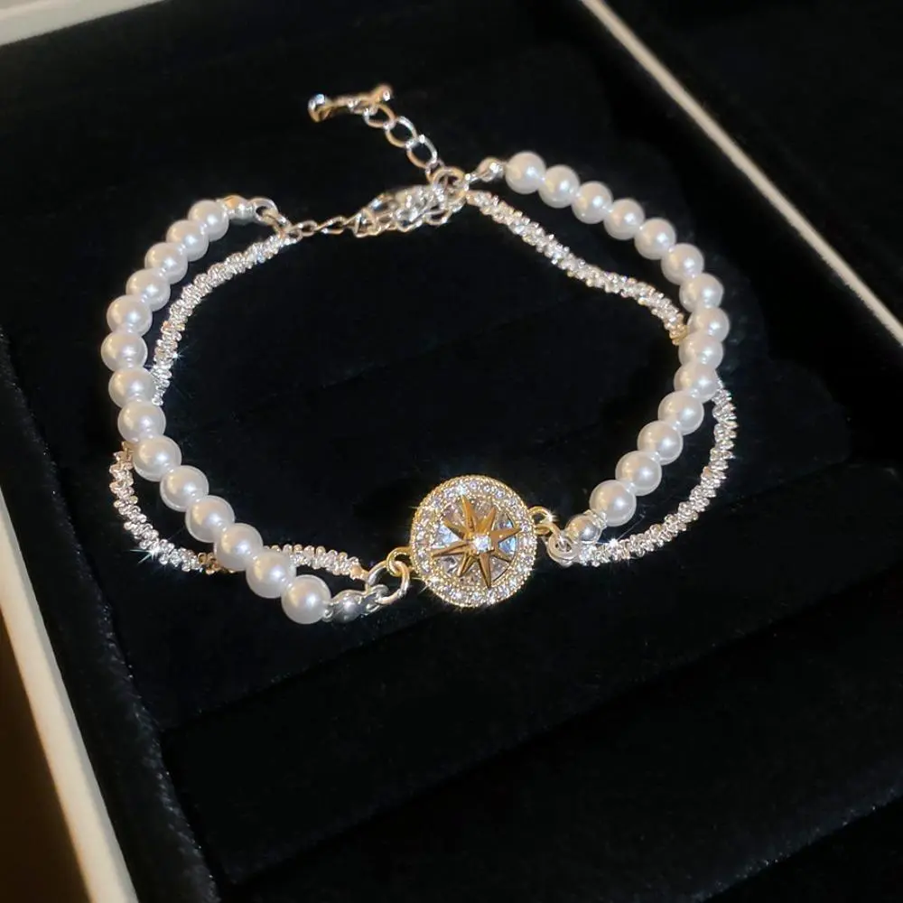 New French Vintage Style Star Inlaid Pearl Bracelet, Smooth Delicate Elegant Versatile Bangle, Premium Luxury Dainty Jewelry for Daily Commute, Dating, Wedding & Evening Party Styling