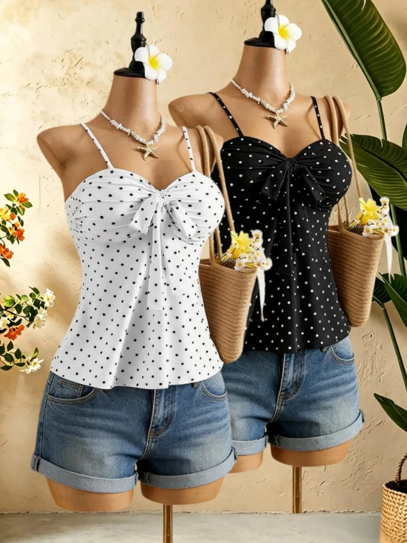 French Vacation Style Crop Top with Large Bow, Polka Dot Strappy Cami, Bow Decor Cami, Long Sleeve Fitted Top, Two-Piece Set, Slimming Waist Design, Cropped Cami Top