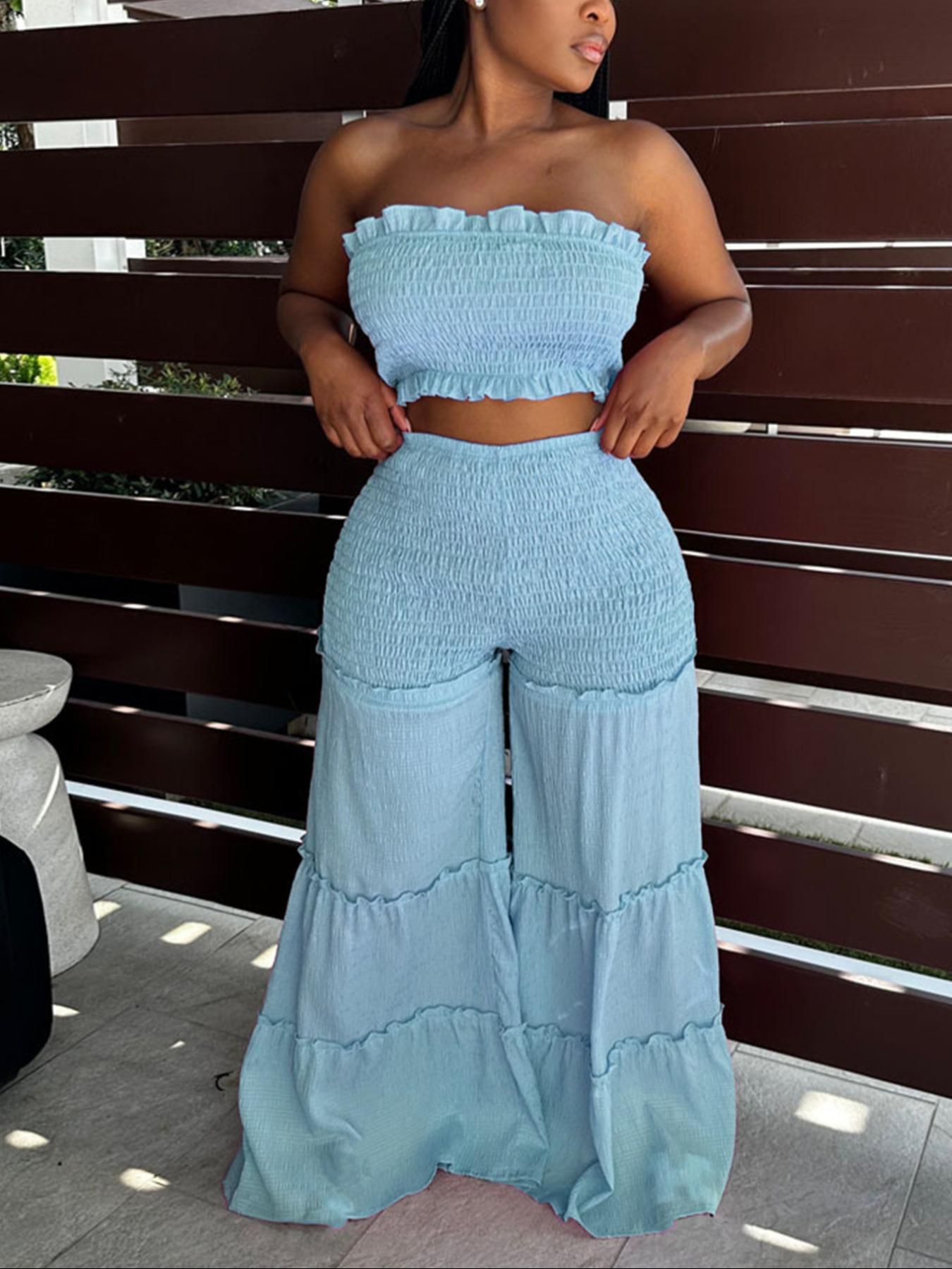 Women's Frill Trim Shirred Flare Leg Pants Set, Boho Casual Crop Tube Top & High Waist Trousers for Beach Holiday Vacation, Ladies Summer Clothes