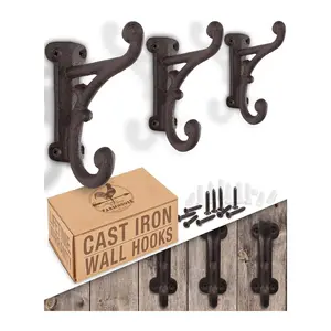 Rustic Cast Iron Coat Hooks (3 Pack) Dark Brown, Heavy Duty Wall Mounted Hooks for Hanging Coats, Hats, Towels, Includes Mounting Hardware