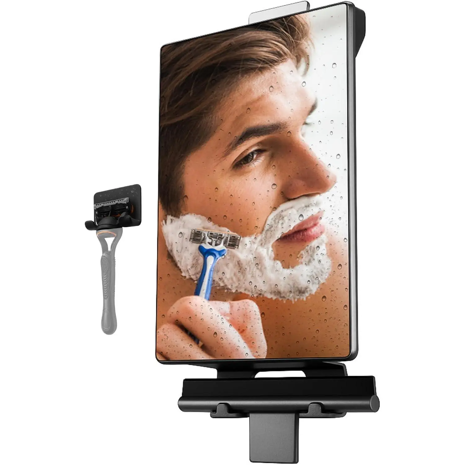 HONEYBULL Fogless Indoor Framed Rectangle Wall Mirror for Shaving - Anti-Fog Bathroom Gadget with Water Tank, Adhesive Hook Mount, Bonus Razor Holder, Squeegee, Caddy, Shelf, Towel - Small Accessory for Men, Razor Holder Bathroom Mirrors