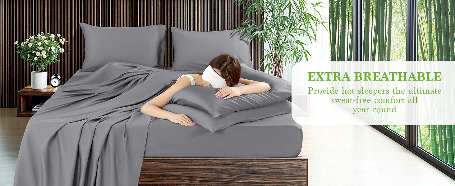 100% Viscose Derived from Bamboo_ Sheets Set, Breathable Cooling Bed Sheets, Hotel Quality Sheets, 16 Inch Deep - 6Pcs (Grey, King)