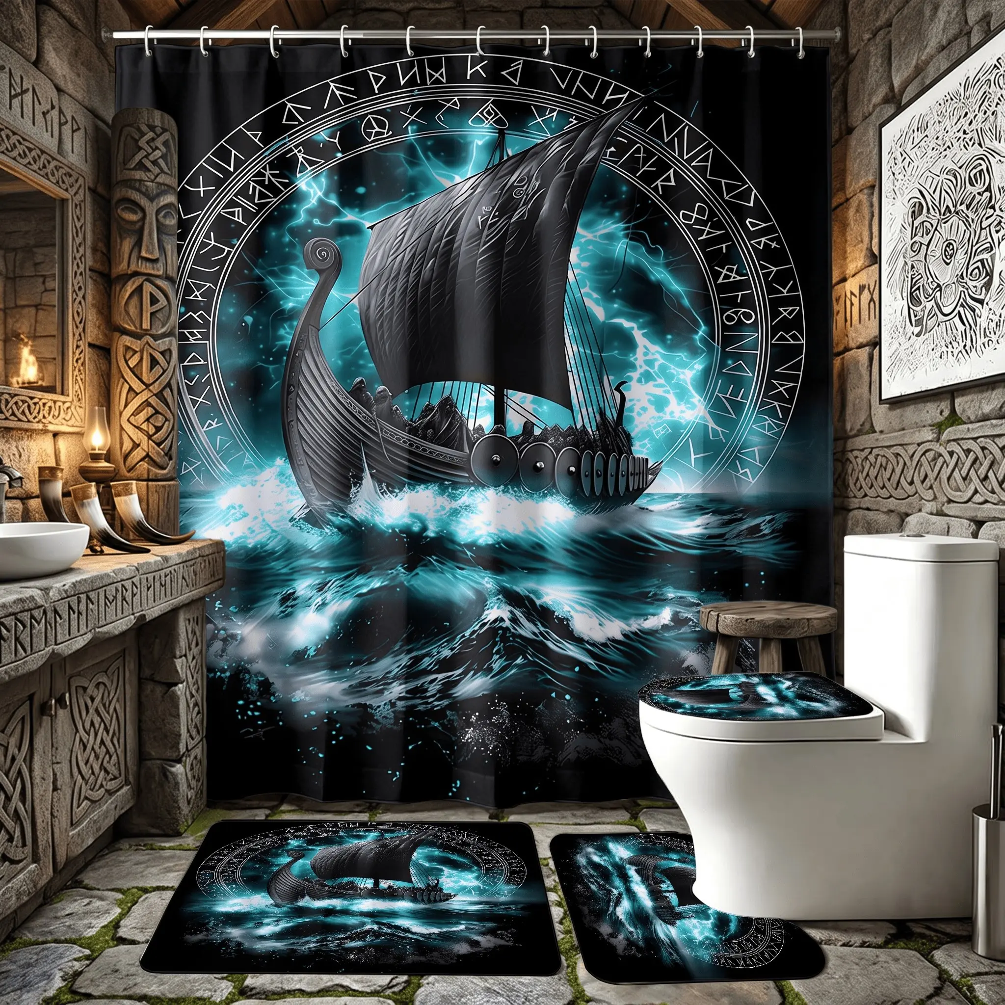 4pcs Norse Mythology Viking Ship Bathroom Set, Mystic Shower Curtain & Rugs, The floor mat fabric is thicker and softer! for Apartment Gothic Fantasy Holiday Home Decor