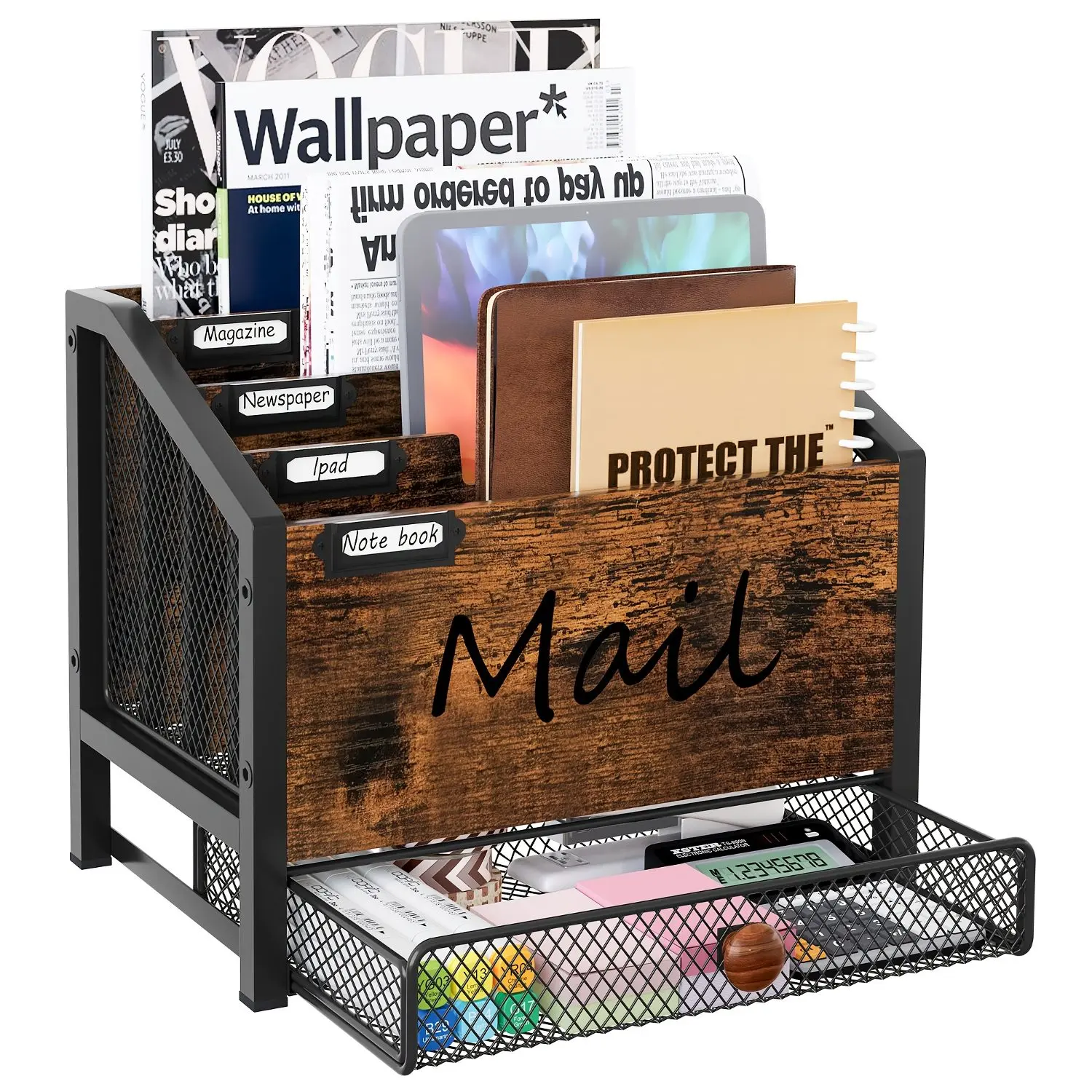 Wood Mail Organizer with Sorter System, Wall-Mounted or Countertop Desktop Holder, Mail Basket & File Sorter for Office Desk Paper Folder Organizer
