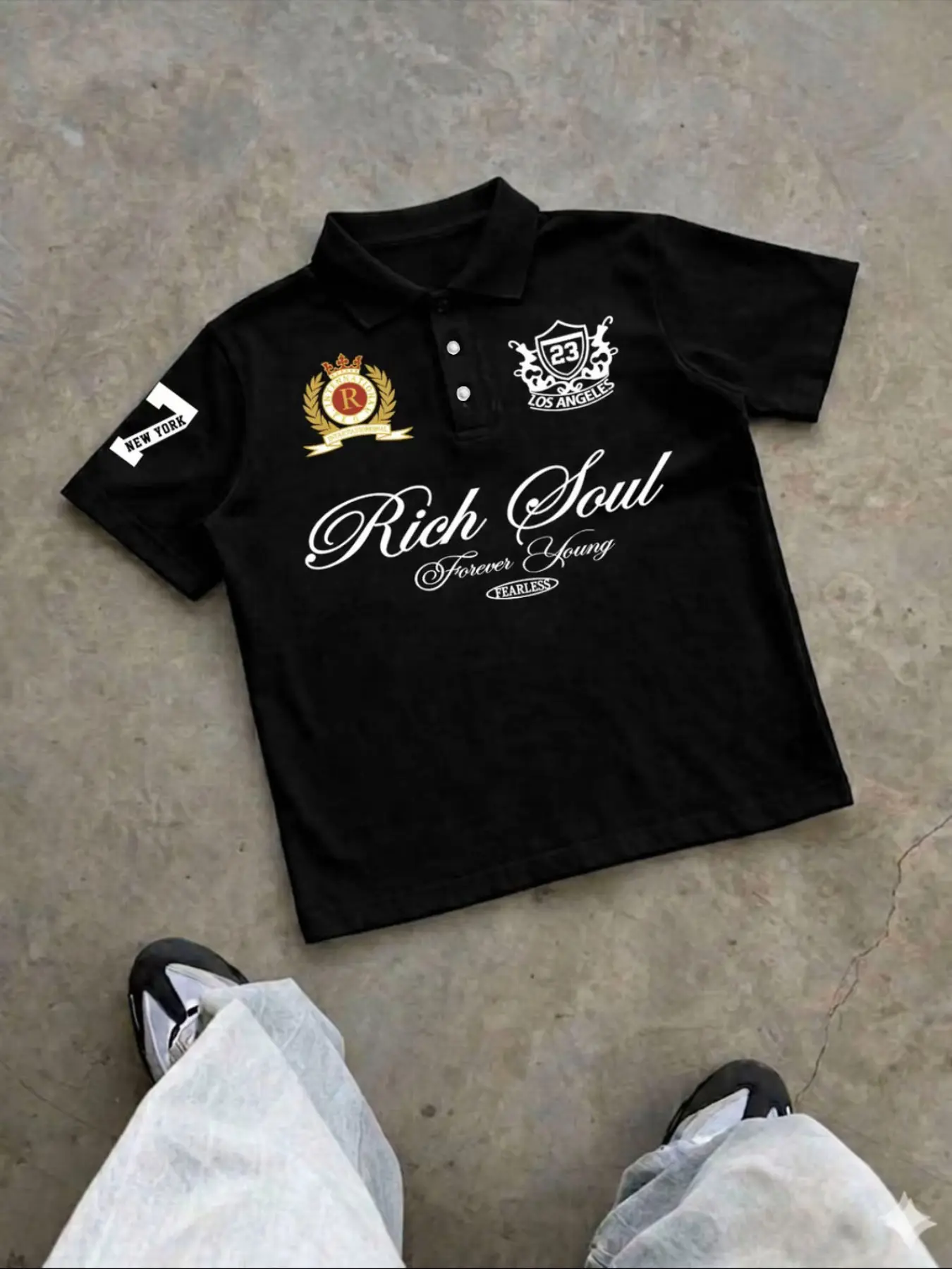 American Badge Short Sleeve, Multi-Element Print, Elegant Cursive English, Breathable Pearl Fabric, Unisex Street Style, Streetwear
