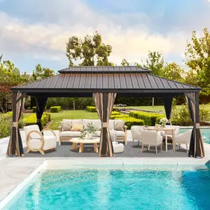 Aobtkel®14' X 22' Hardtop Gazebo, Upgraded Metal Gazebo with Drainage System, Dual-Layer Galvanized Steel Roof, Curtain and Netting, Outdoor Shelter Canopy for Patio, Garden, and Backyard, Brown On-Site