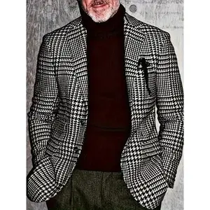 1pc Men'S Classic Houndstooth Blazer - Casual Polyester Suit Jacket with Lapel Collar, Button Details, Woven Fabric, Non-Stretch - Regular Fit for Spring/Fall Season Menswear Long Sleeve suits Plain Grey Formal Beige(Sheets)