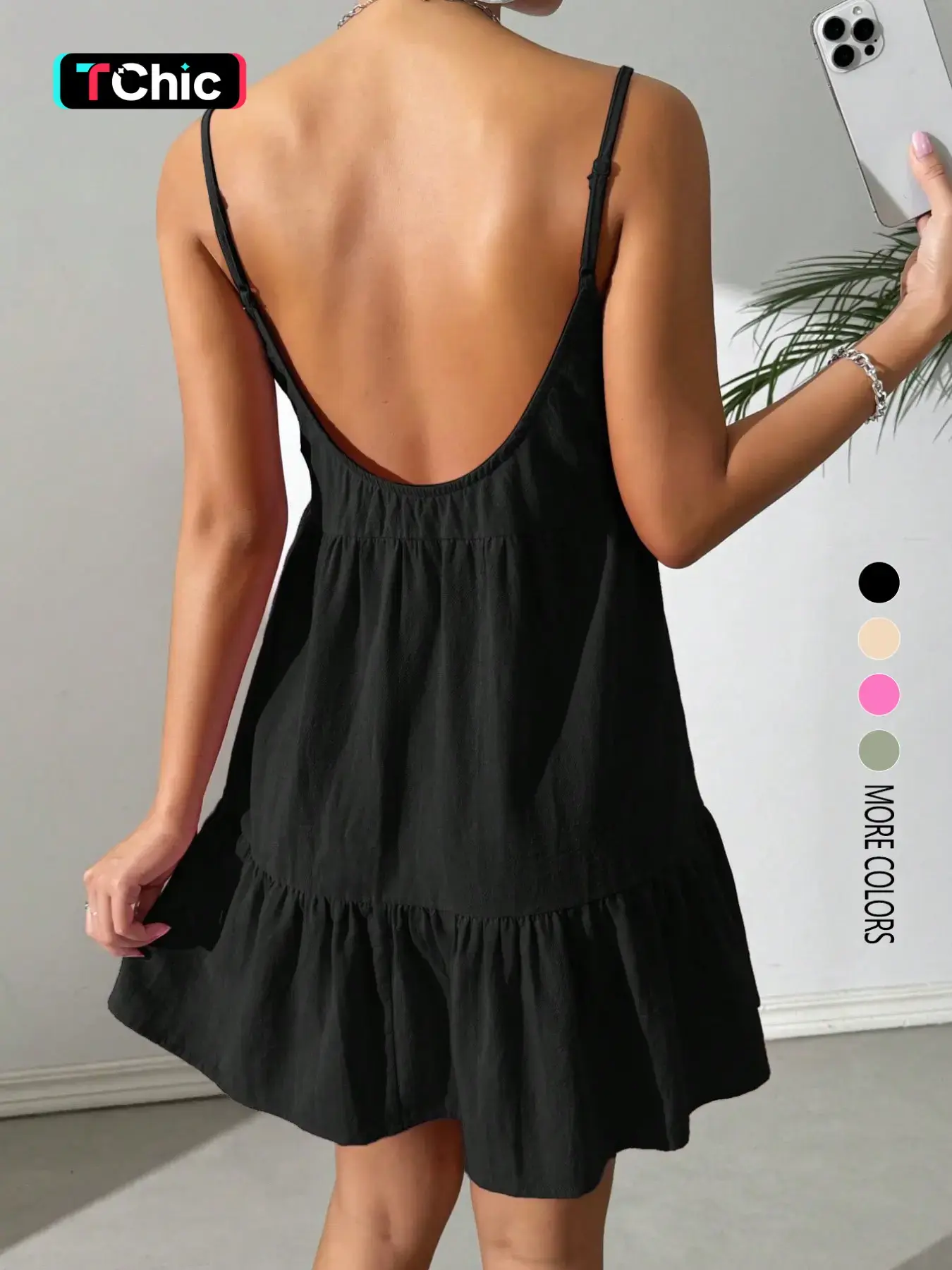 Women's summer dress, Sleeveless Spaghetti strap solid color, casual backless halter dress, Basic, perfect for vacation, Beach Resort Wear, Womenswear