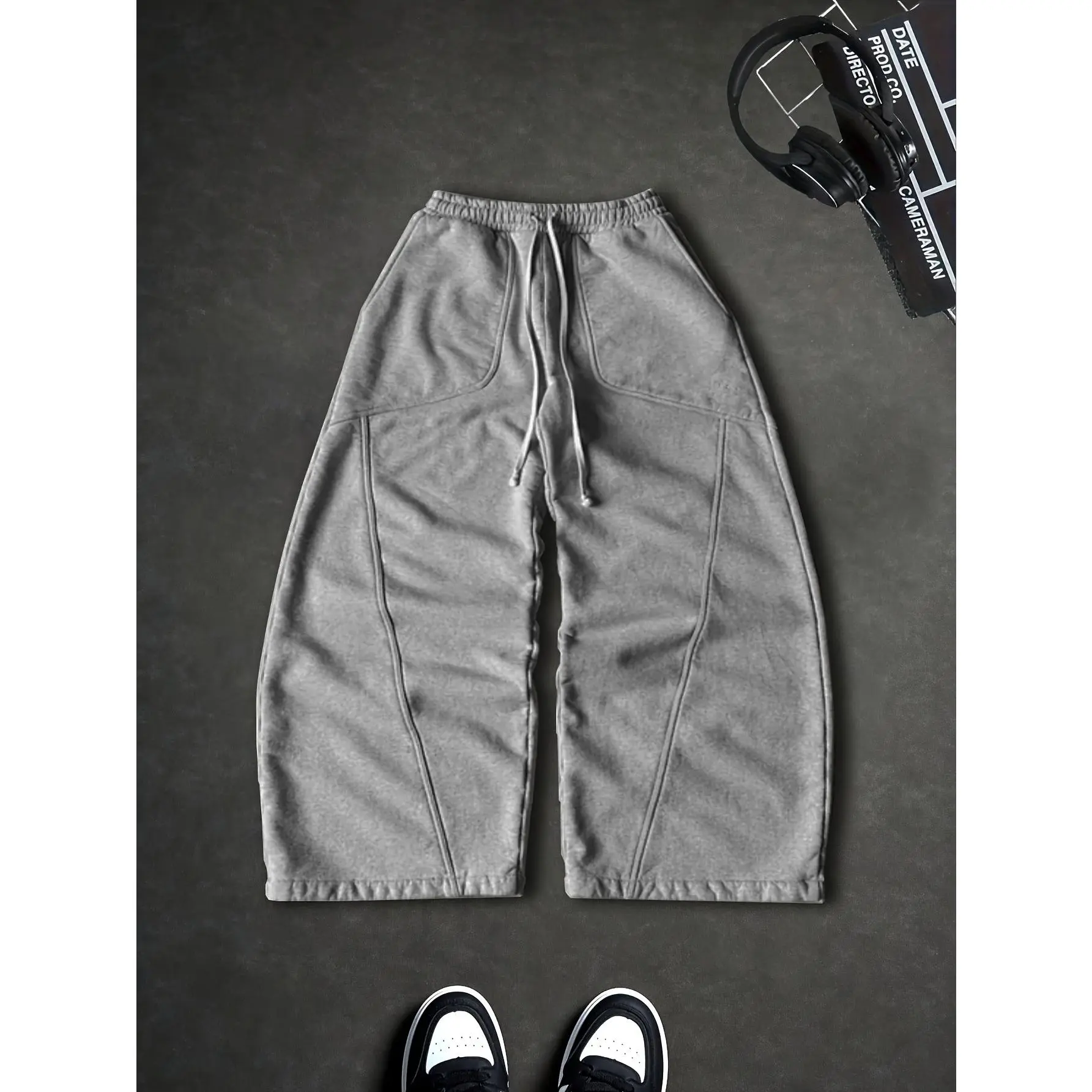Men's Wide Leg Sweatpants Curved Seam Paneled Baggy Fleece Trousers Elastic Waist Drawstring Large Pockets Relaxed Fit Streetwear Pants Male Clothing Apparel cozy soft cool clean chic active sporty casual premium classic stylish durable trendy modern
