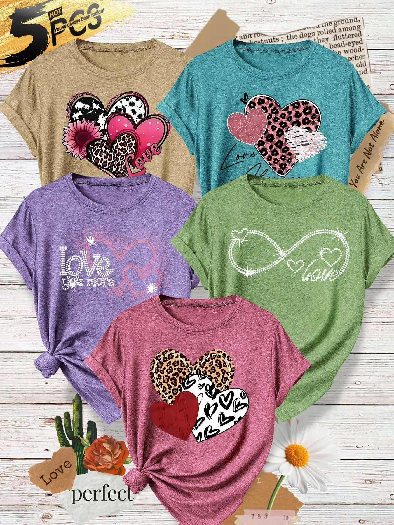 Five-Piece Women's Round Neck T-Shirts, Leopard Print Heart Design, Soft Fabric, Casual Fashion, Spring Summer Top, Animal Tee, Casual Summer Chic