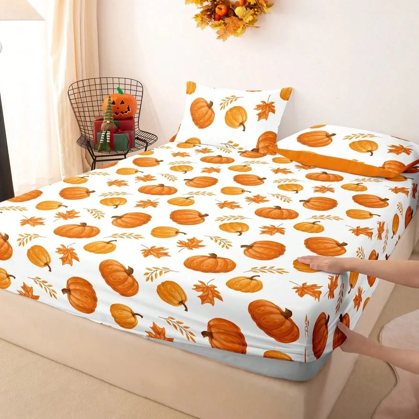 3pc Autumn Pumpkin Maple Leaf Bed Scarf Set, including 1 bed sheet and 2 pillowcases (without filling material). A great gift for friends. Suitable for single beds, double beds. Multiple sizes available. Perfect for bedrooms, dormitories, guest rooms.