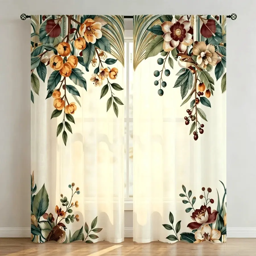 2-piece vintage persimmon flower and bird green plants. Printed semi-transparent curtains, rod bag curtains, suitable for living room, bedroom and home decoration. Hand washable and machine washable.