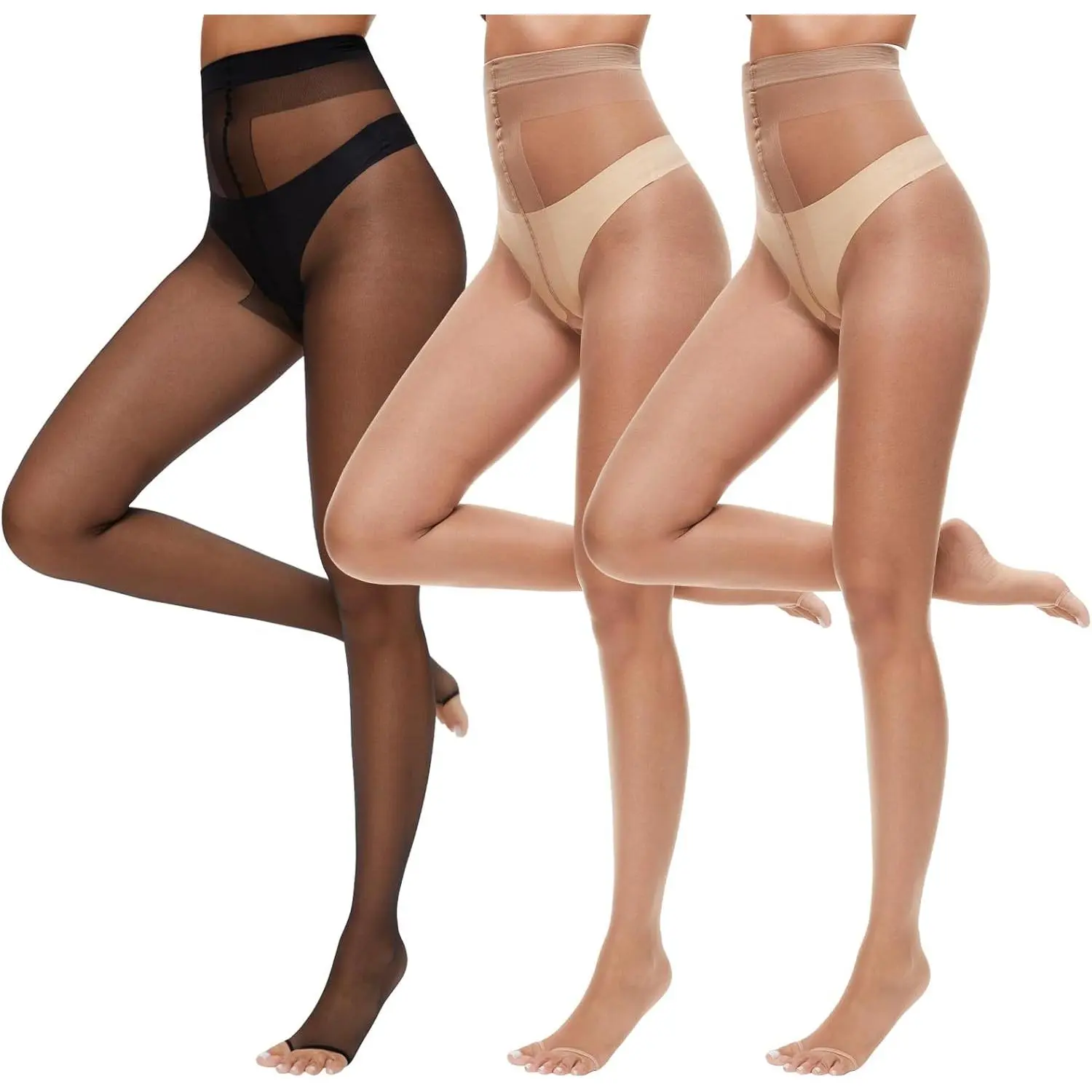 3 Pairs Toeless Pantyhose Tights  Women 10D Control Top Open Toe Pantyhose Sheer Tights