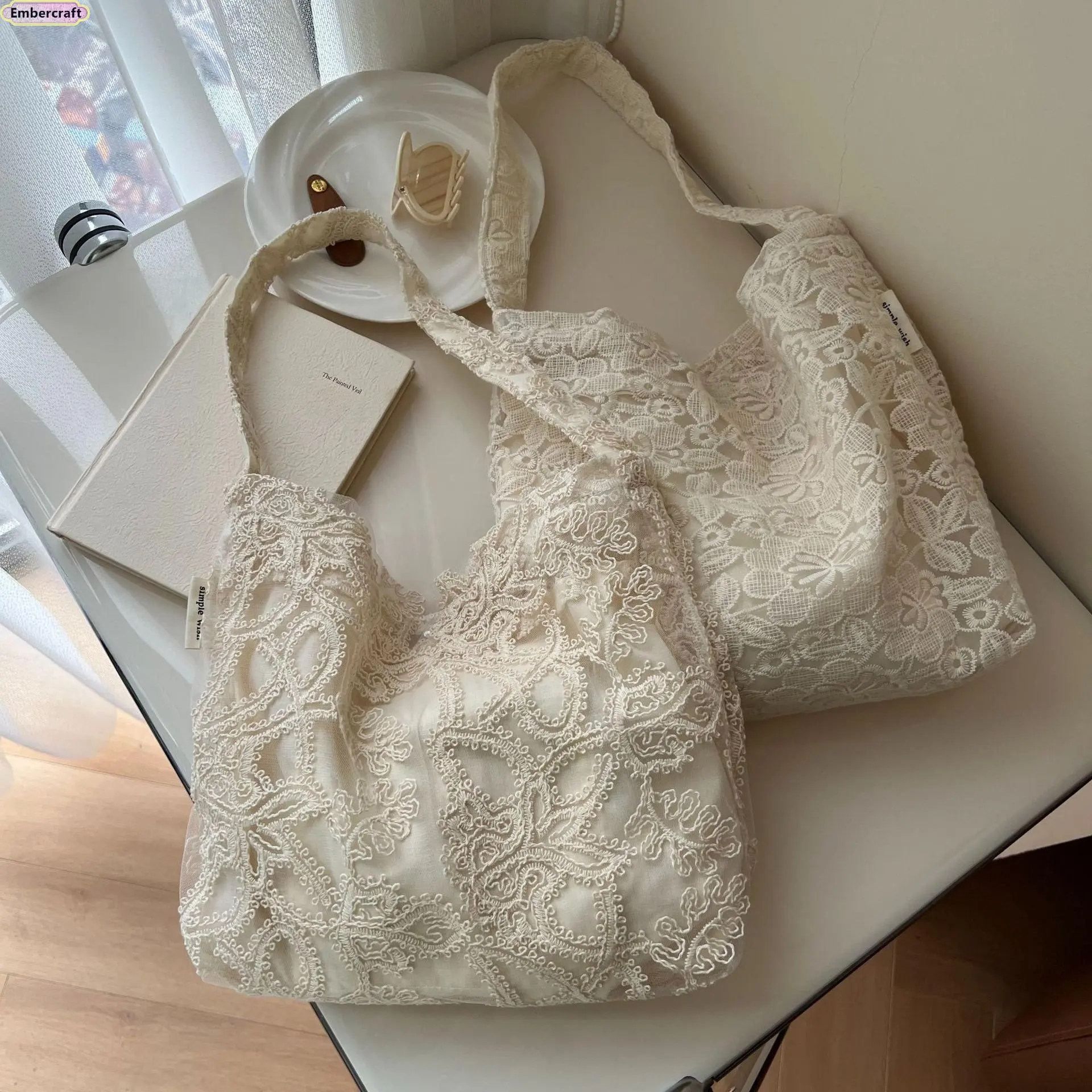 Vintage Lace Embroidered Canvas Tote Bag for Women, French Style Cotton Shoulder Bag, Aesthetic Underarm Purse, Lightweight Eco Shopper, Retro Casual Everyday Bag for Travel, Work, School, Purses, Everyday Purse