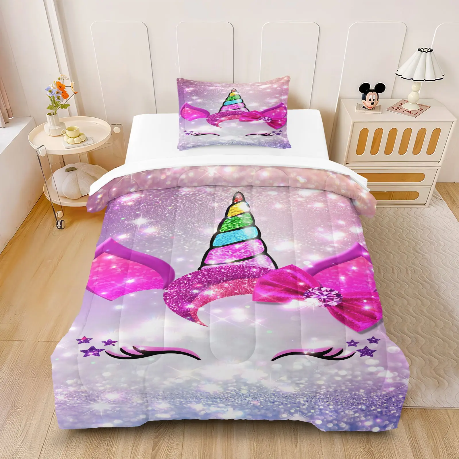 2/3pcs Multicolor Fantasy Unicorn Style Cute Rainbow Pegasus Print Comforter Set, Lightweight and Skin-Friendly Fabric, All-Season Home Bedding Ensemble (Includes Filling, Excludes Pillow Inserts)