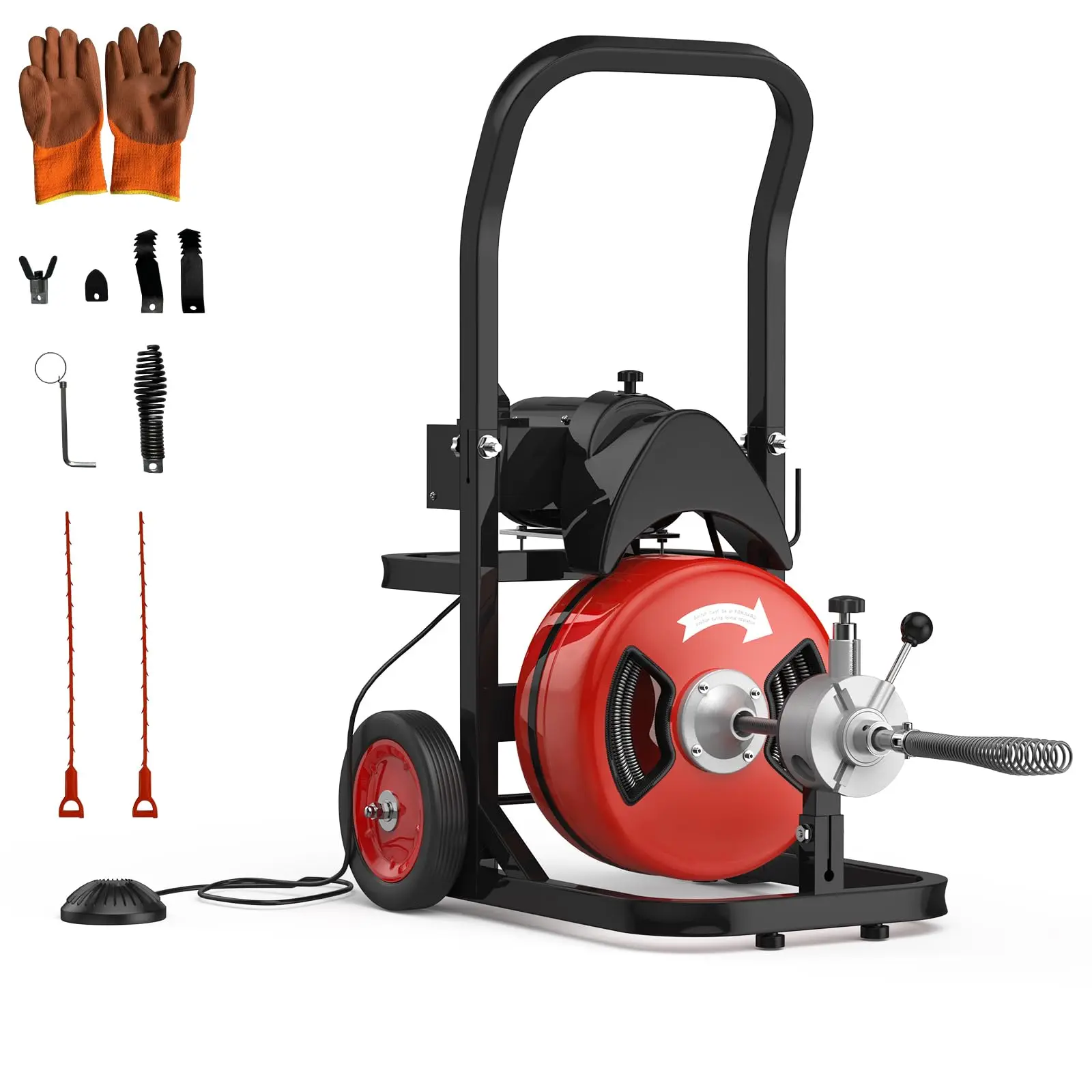 GARVEE 450W Automatic Feed Portable Drain Cleaning Machine with Steel Core, 100ft x 1/2in Cable, 1850 RPM, 8-inch Shock-Absorbing Wheels, 4 Interchangeable Cutters, Air-Activated Foot Switch, Fits 2 to 4-inch Pipes (Restaurants, Factories)