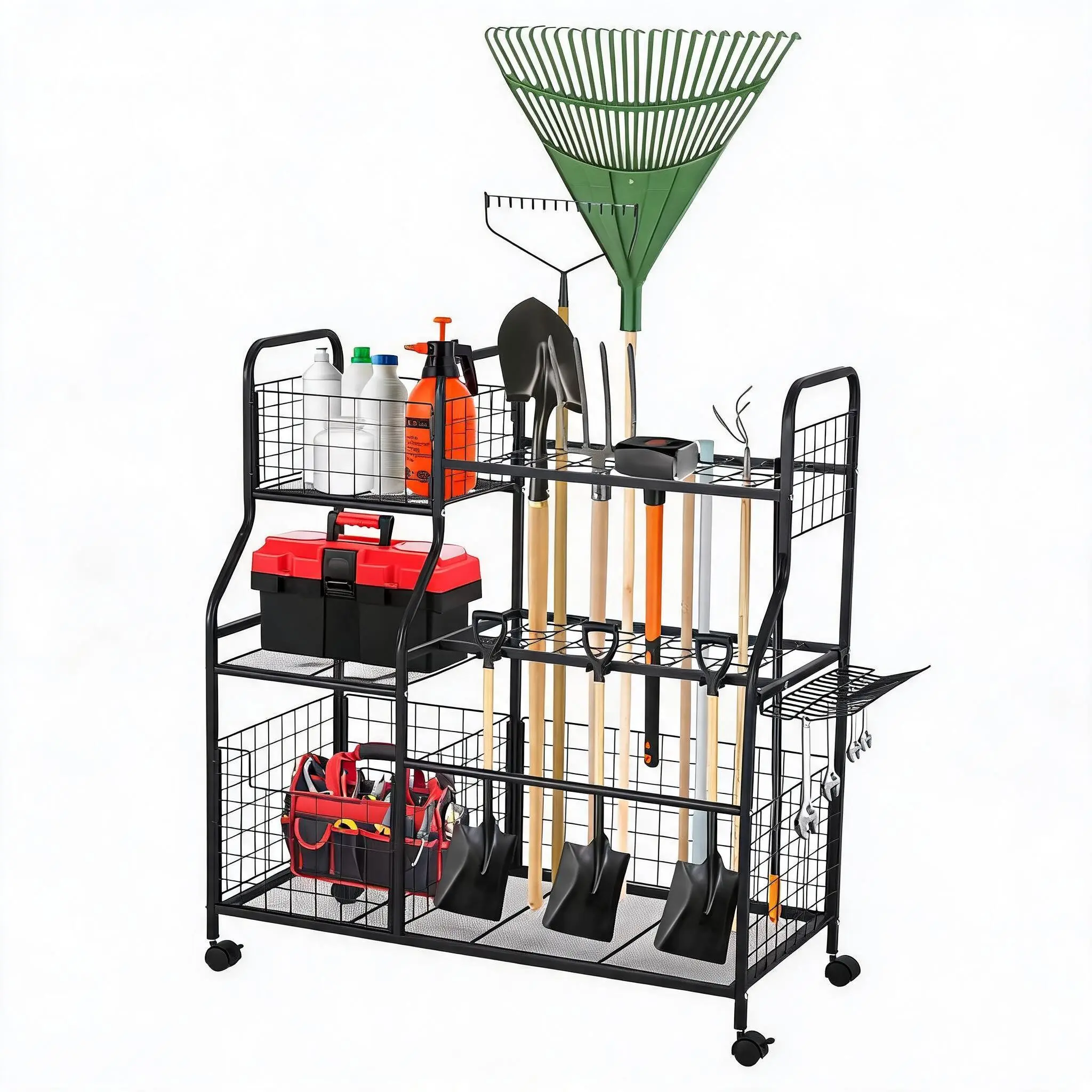 Heavy-Duty Metal Garden Tool Storage Rack with Wheels – Freestanding Organizer Shelf, Multi-Tier Utility Cart Holds Up to 32 Long-Handled Tools – Lockable, Spacious for Garage, Storage Unit, Patio, or Outdoor Use