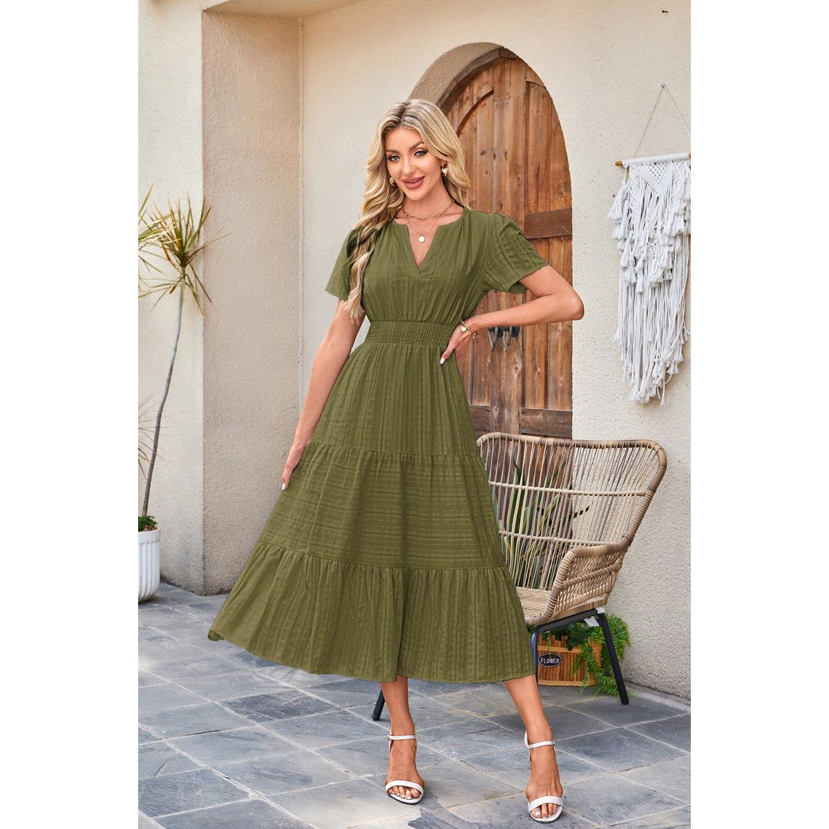 Womens Summer 2026 Casual Midi Maxi Dresses Lightweight Short Sleeve V Neck Elastic Waist Boho Beach Dress Pockets