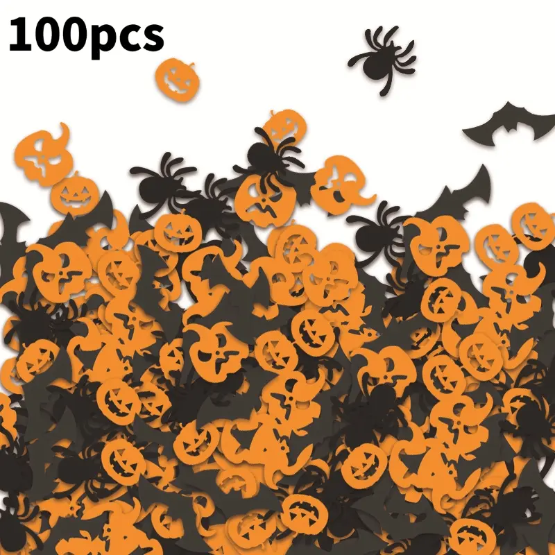 100pcs Halloween confetti party decoration, with papercut spider, bat and pumpkin theme arrangement, featuring confetti and sequins.
