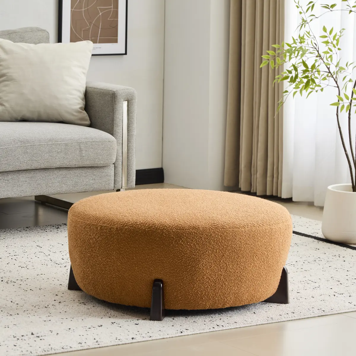 31.5 Inch Round Boucle Fabric Ottoman Footstool, Solid Rubber Wood Legs Orange Fabric Multi Purpose Accent Stool Extra Seating For Living Room Farmhouse Scandinavian Home