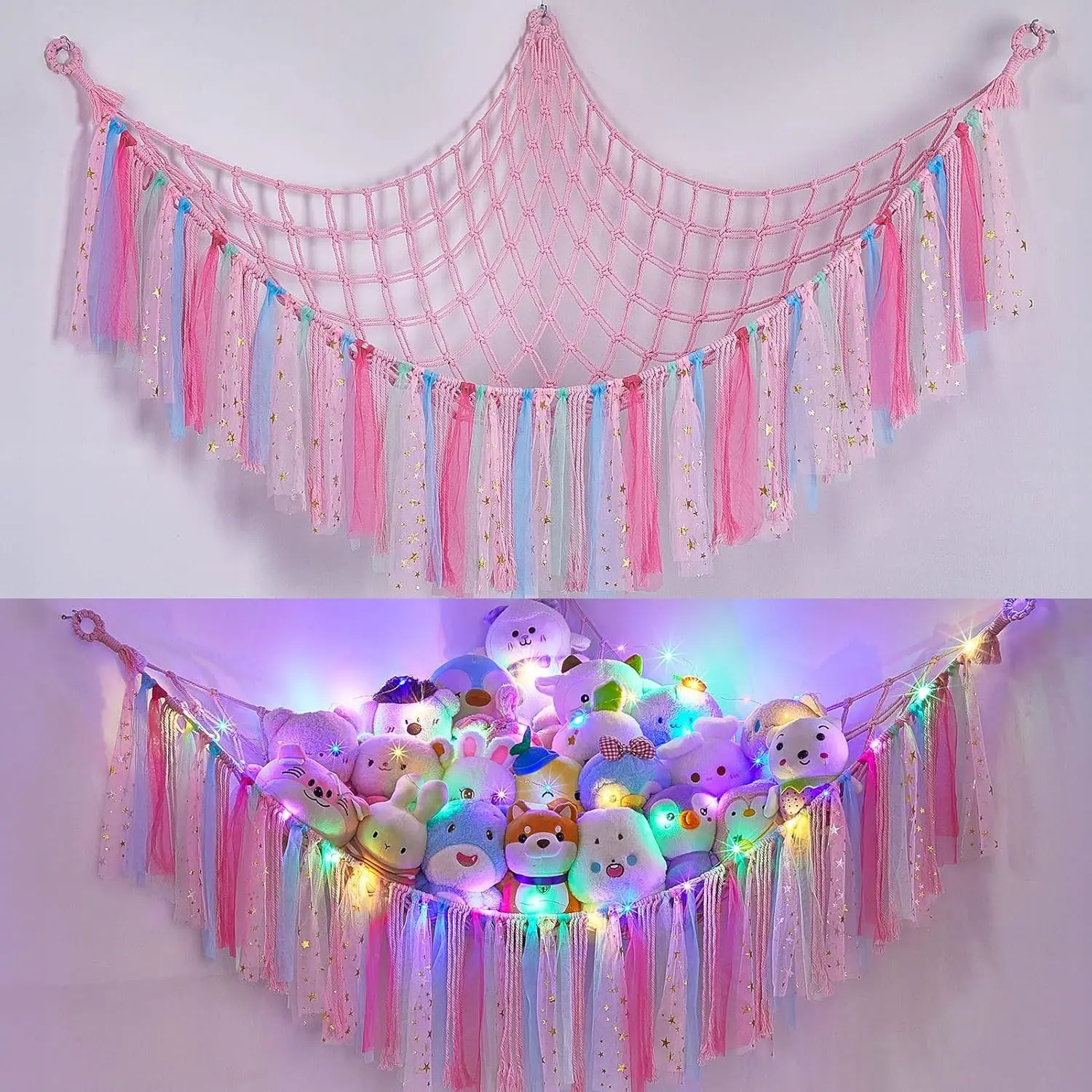 Colorful Metal-Wall Mount Stuffed Animal Net with LED Light - Hanging Storage Organizer for Nursery Kids Bedroom Indoor Furniture Décor