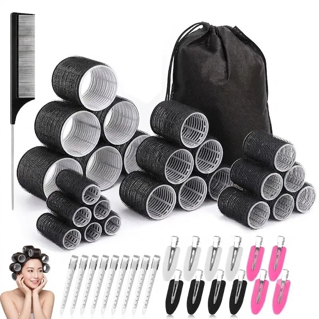 Hair Curler Rollers Set for Women, 24PCS Heatless Rollers with 12 Duckbill Clips & 12 Cream Clips, 4 Sizes Jumbo/Large/Medium/Small Self Grip Hair Rollers for Long Short Thick Fine Volume Bangs – Includes Storage Bag, Black (50 Sets)