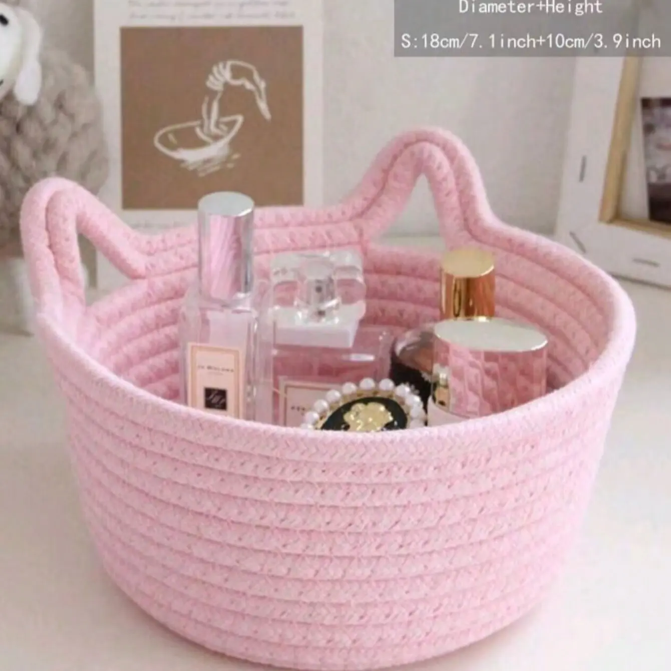 Cat Ear Design Handwoven Desktop Storage Basket, Modern Fabric Organizer for Living Room, Bedroom, Desk, Bathroom, Cosmetics, Toys