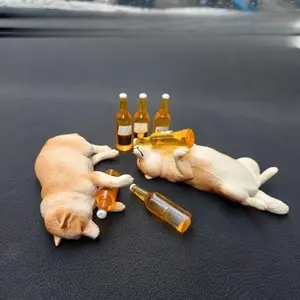 Cute Drunk Puppy Mini Figurines, 3D Solid Shiba Inu & French Bulldog Ornaments With Traceless Adhesive, Multi-Scene Decor For Car Interior, Desktop And Mini Garden Displays