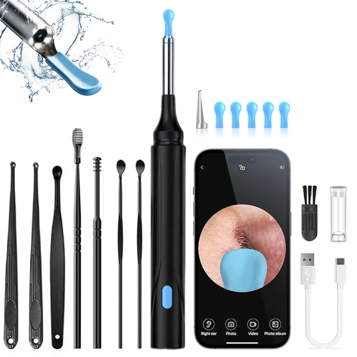 Ear Camera Cleaner, HD Visual Ear Wax Removal Tool with LED Lights, IP67 Waterproof WiFi Otoscope, Multiple Ear Cleaning Tips for Adults