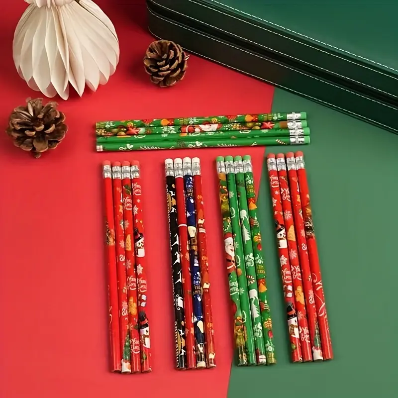 [Christmas Pencils] 12/24-Pack Wooden Christmas Pencils with Erasers - Holiday Pencil Pack with Snowman, Santa, Tree & Snowflake Patterns - Bulk Wood Lead Pencils for Classroom, School, Party Supplies