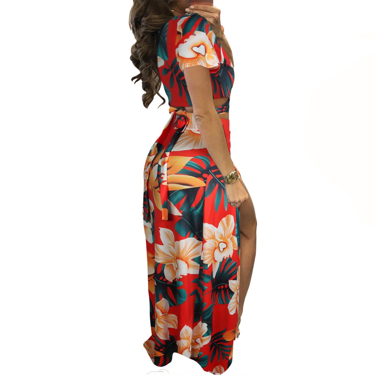 Women Floral Two Piece Maxi Dress Set Summer Vacation Outfits High Slit Long Skirt and V Neck Crop Top Sexy Beachwear Matching Set