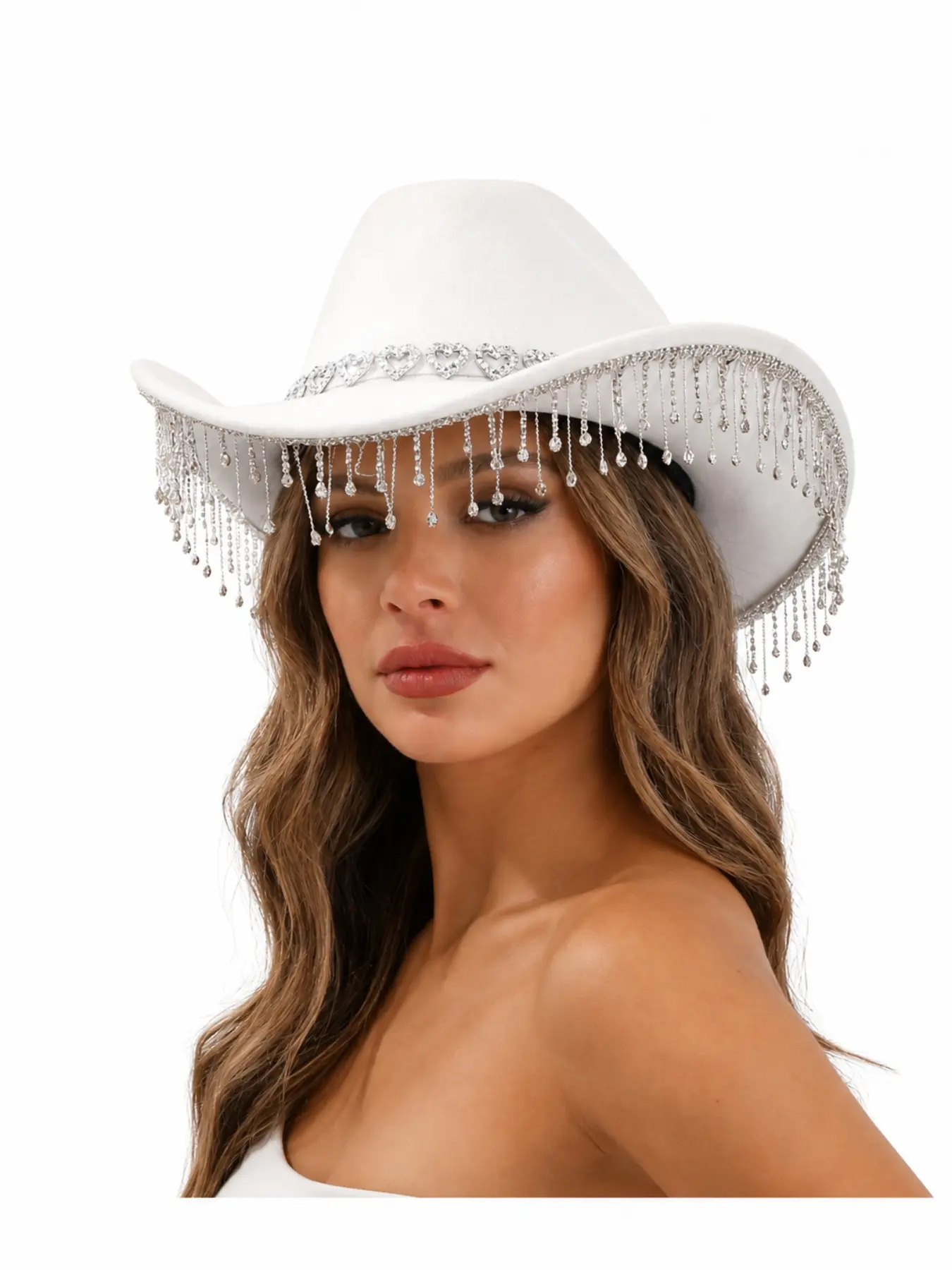 Elegant Boho Vintage Wide Brim Cowgirl Hat with Heart Rhinestone Tassel Decor, Fashionable Hats, Fashion Accessory for Wedding Valentine Engagement Party, Perfect Gift for Women