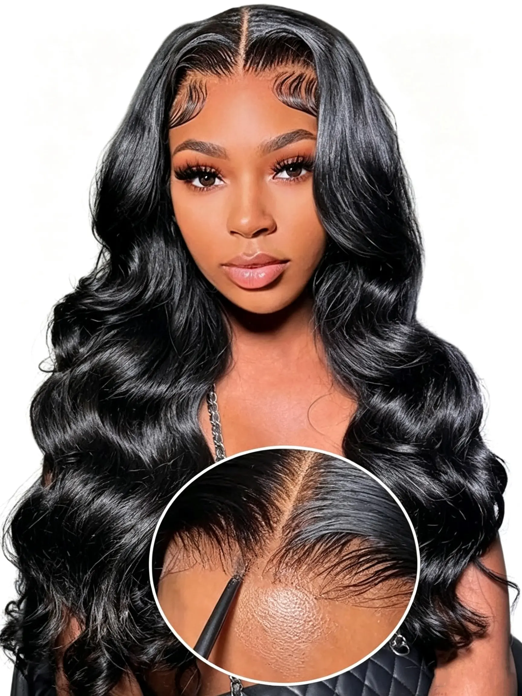 Natural Black 26Inch Body Wave 4x4 Closure Lace Wig Glueless Synthetic Hair Pre Plucked Hairline Loose Curly Wavy Wig For Black Women, Daily Wear Date Party Hairstyle Wig