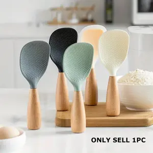Silicone Spoon with Wooden Handle, 1 Count Heat-Insulation & Heat-Resistant Multifunctional Spatula Spoon for Rice Cooker, Practical Kitchen Tool for Home & Restaurant, Kitchen Cooking Accessories, Wooden Cooking Tools, Kitchen Utensils