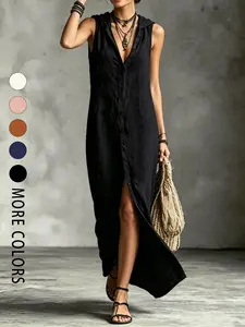 A ladies' elegant style hooded sleeveless long dress with a full open front and single row decorative buckle hanging loose, suitable for summer, beach camping, shopping, afternoon tea dates, urban daily commuting