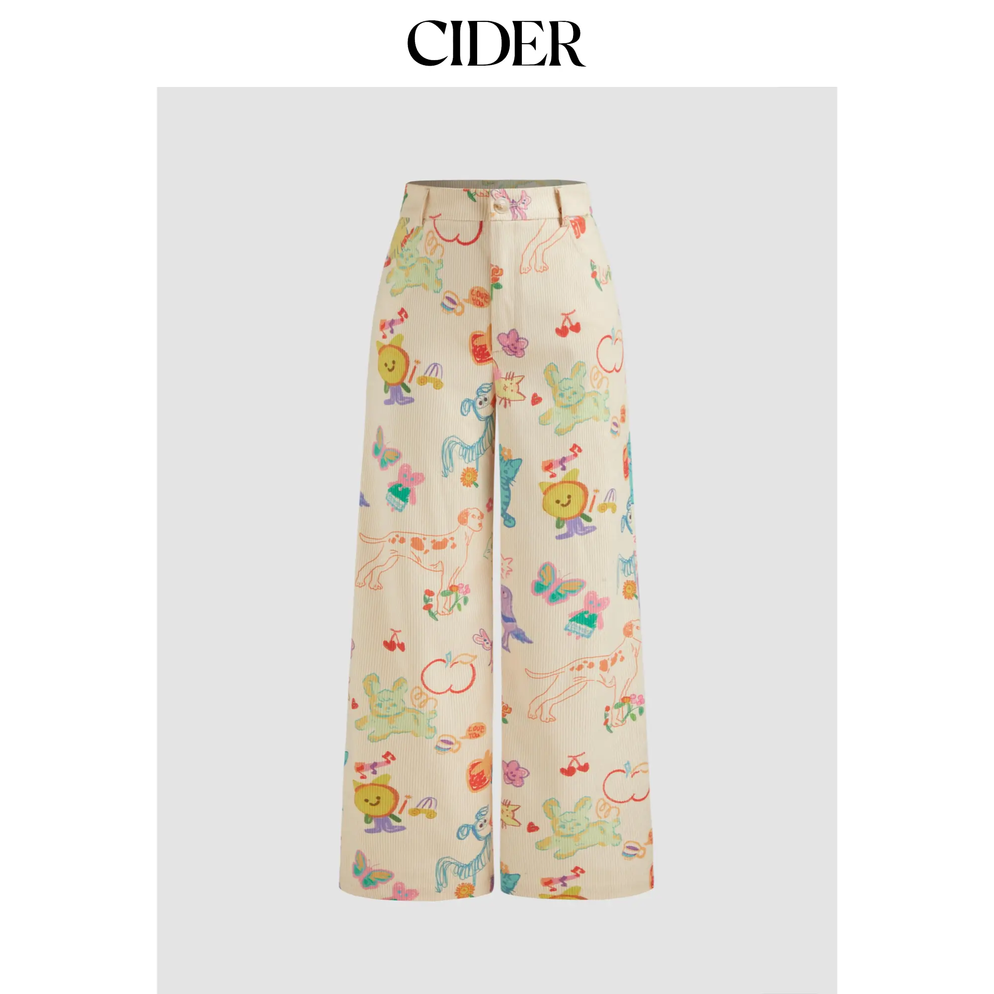 Cider [size 0-26] Corduroy Mid Rise Animal & Fruit Graphic Wide Leg Trousers