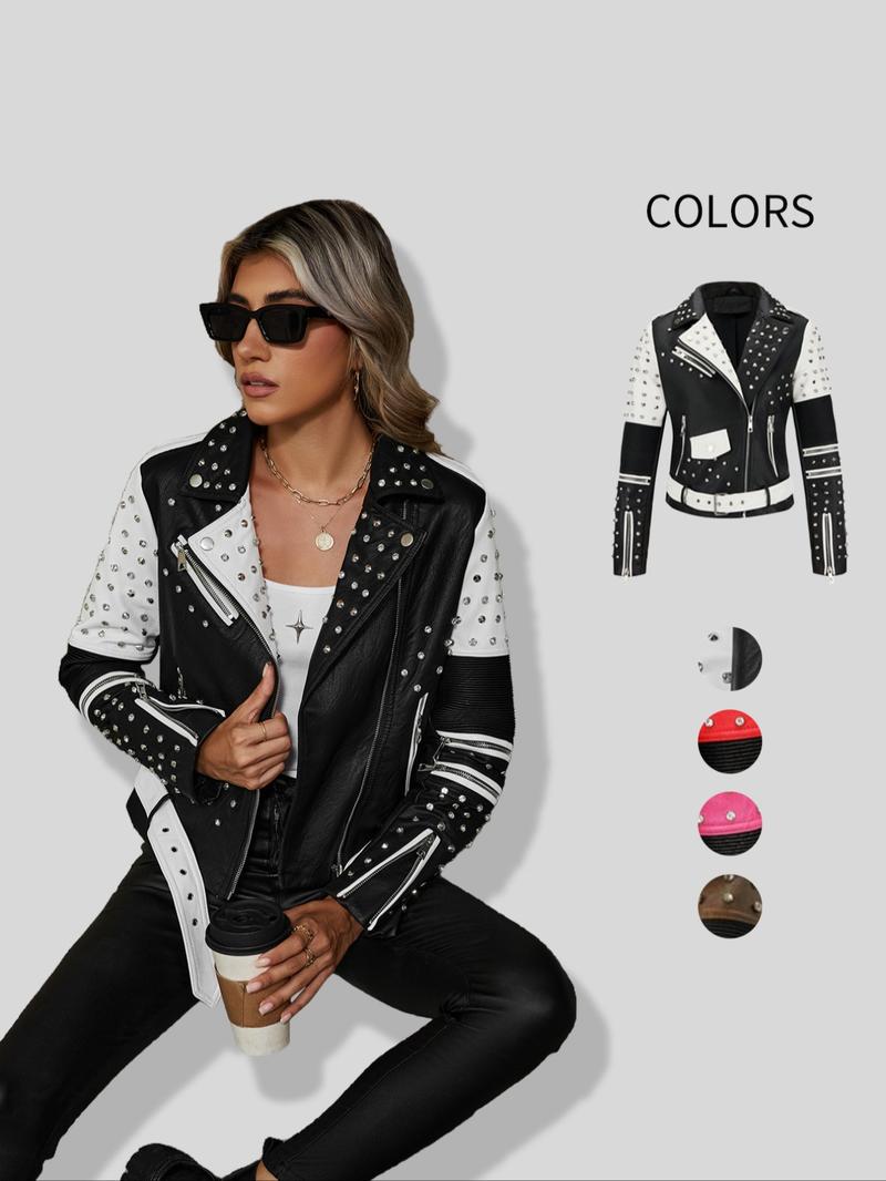 Women's Spring Autumn Jacket with Belt, Casual Vintage Simple Motorcycle Jacket, Rivet Coat with Pockets and Asymmetrical Zipper, Zip Front Jacket