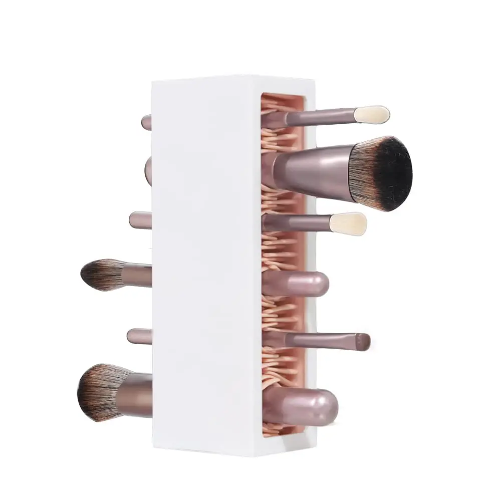 Multifunctional ABS+Silicone Makeup Brushes Holder - Compact Shape Storage&Rack, Air Drying Rack, Holds Various Size Brushes, Keeps Dresser Clean, Cosmetic Tool Organizer for Eyeliners (Pink-White), 185x65x53mm