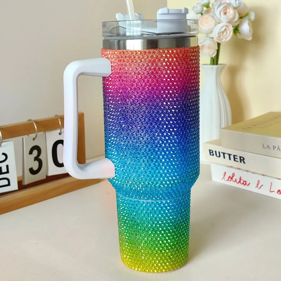 Sparkling Gradient Glitter 40oz Stainless Steel Insulated Tumbler | Double-Wall Vacuum Thermal Cup, Leak-Proof, With Lid And Straw, Compatible With Car Cup Holder, Ideal For Hot/Cold Beverages, Travel-Friendly Gift For Family, Friends, Lovers