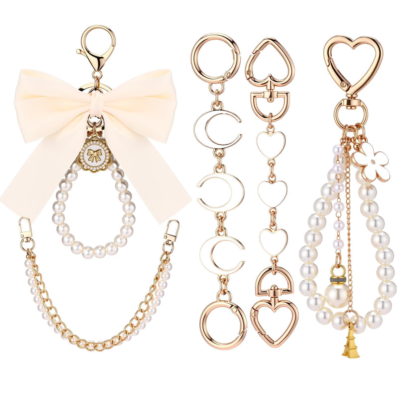 5 Pcs Bag Extender Chain Gold Pearl Purse Chain Ribbon Bow Keychain Extender Bag Strap Purse Charms Accessories for Handbag Y2K Aesthetic Bag Accessories Bag Charm Keychain Accessory Gifts for Women keychains for women