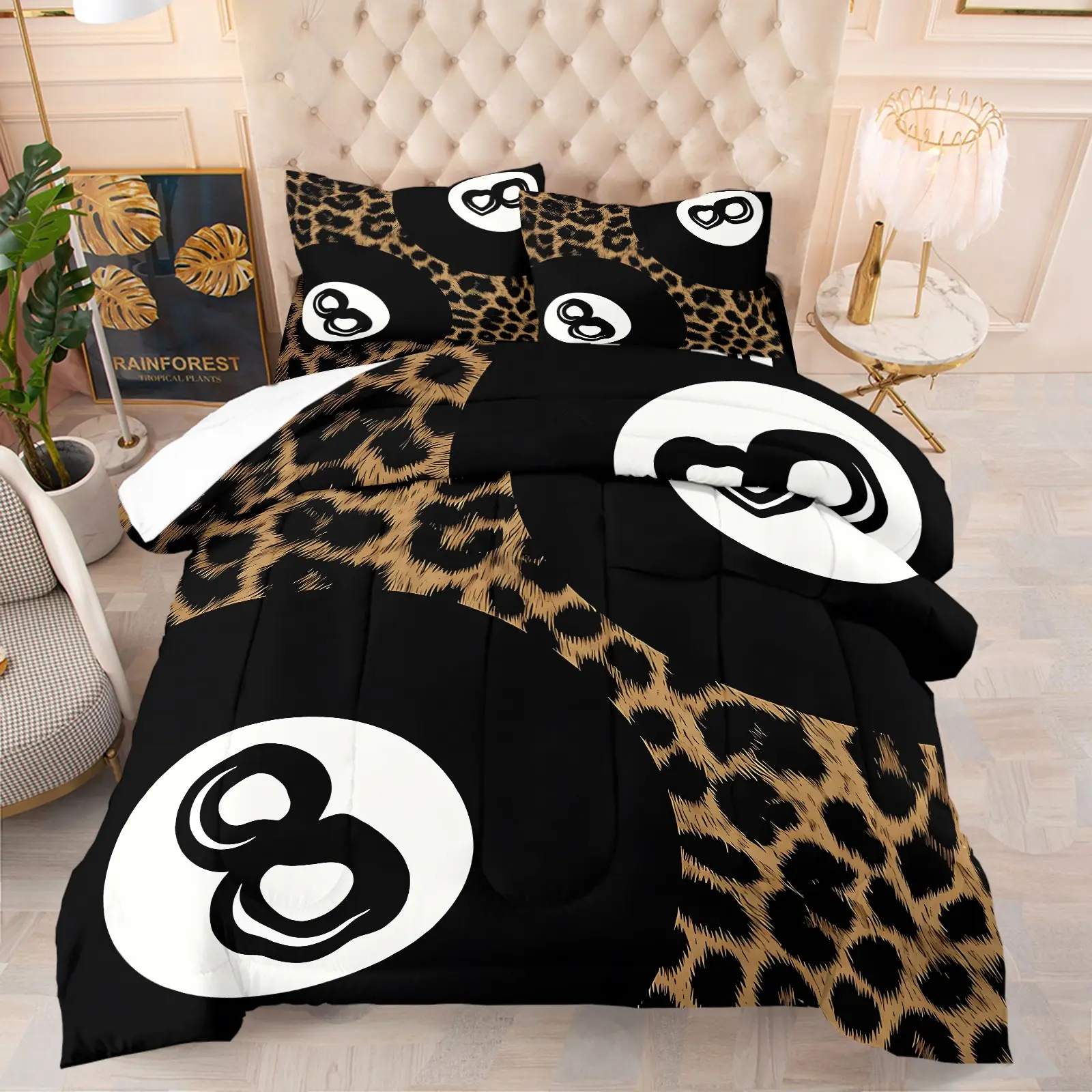 Luxury Black Brown Leopard Contrast Lucky 8 Geometric Print Quilted Comforter Set, Include 1 Quilt Core and 1/2 Pillowcases, Modern Vintage All Season Bedroom Warm Bedding, Medium Thickness, Lightweight and Comfortable