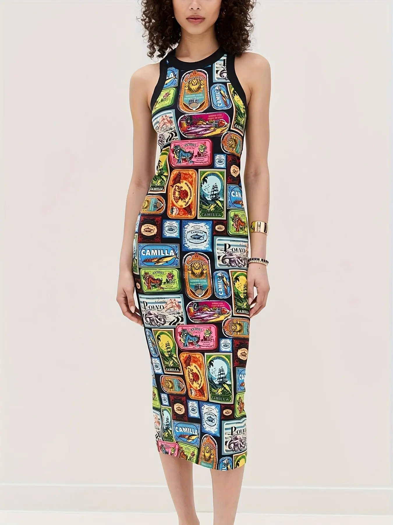 European and American Women's Fashion Graffiti Print Halter Top Bodycon Dress, Stylish and Unique Design, Perfect for Everyday Wear