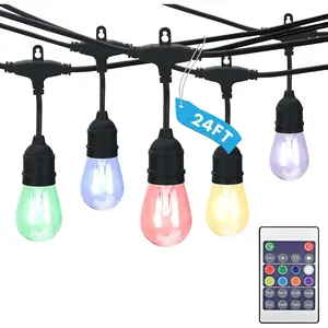 24FT LED RGBW Outdoor String Lights, Remote Control Color Changing Cafe Lights, Commercial Grade , 12 Edison S14 Shatterproof Bulbs, IP65, Dimmable Outside  Lights for Patio
