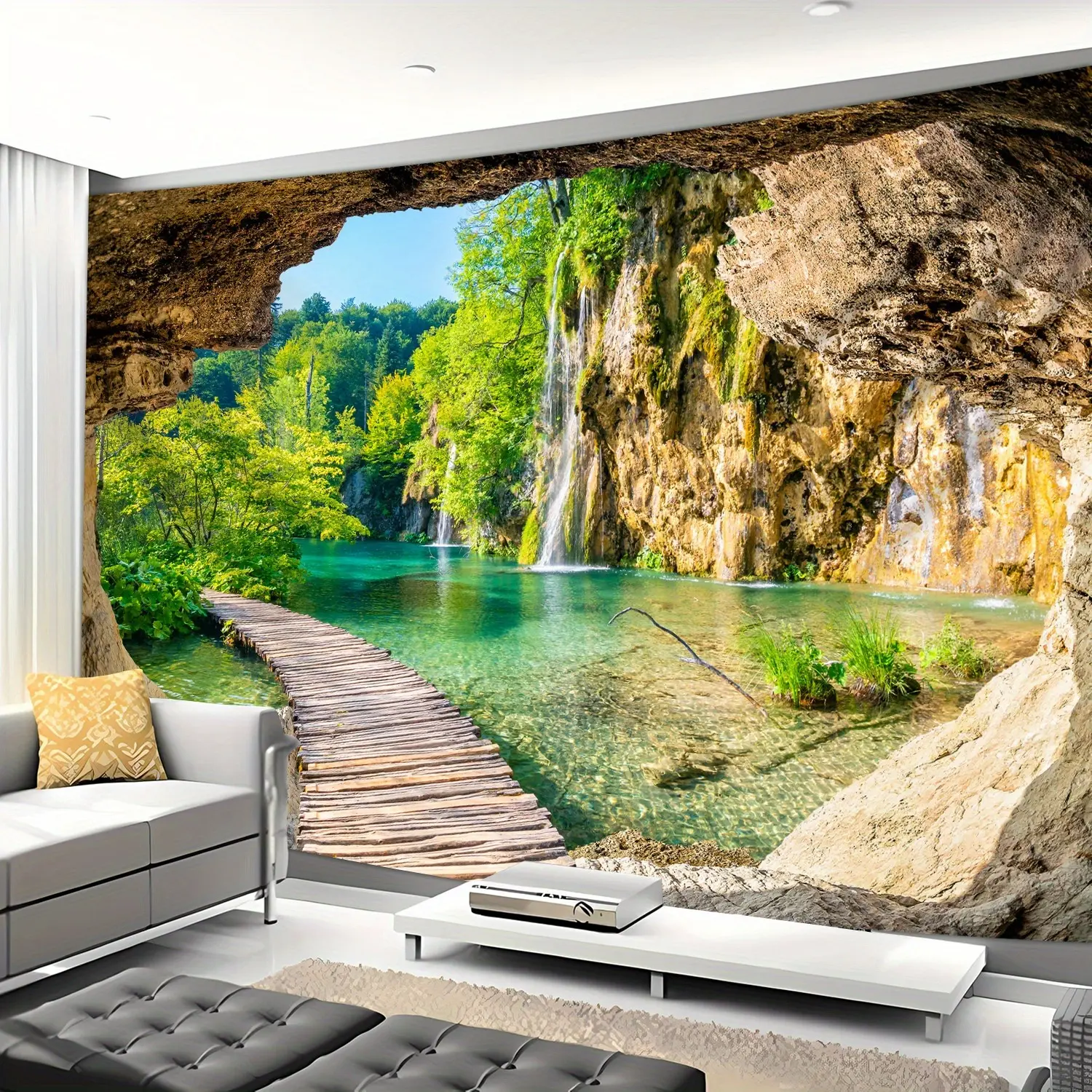 2D Flat Enchanted Cave Forest Lake Banner | Serene Nature Landscape Wall Backdrop | Single-Sided Polyester | Metal Grommets for Easy Hanging | Perfect for Living Room, Bedroom, Home Office, Photography Studio & Nature-Themed Decor, Boho Decor