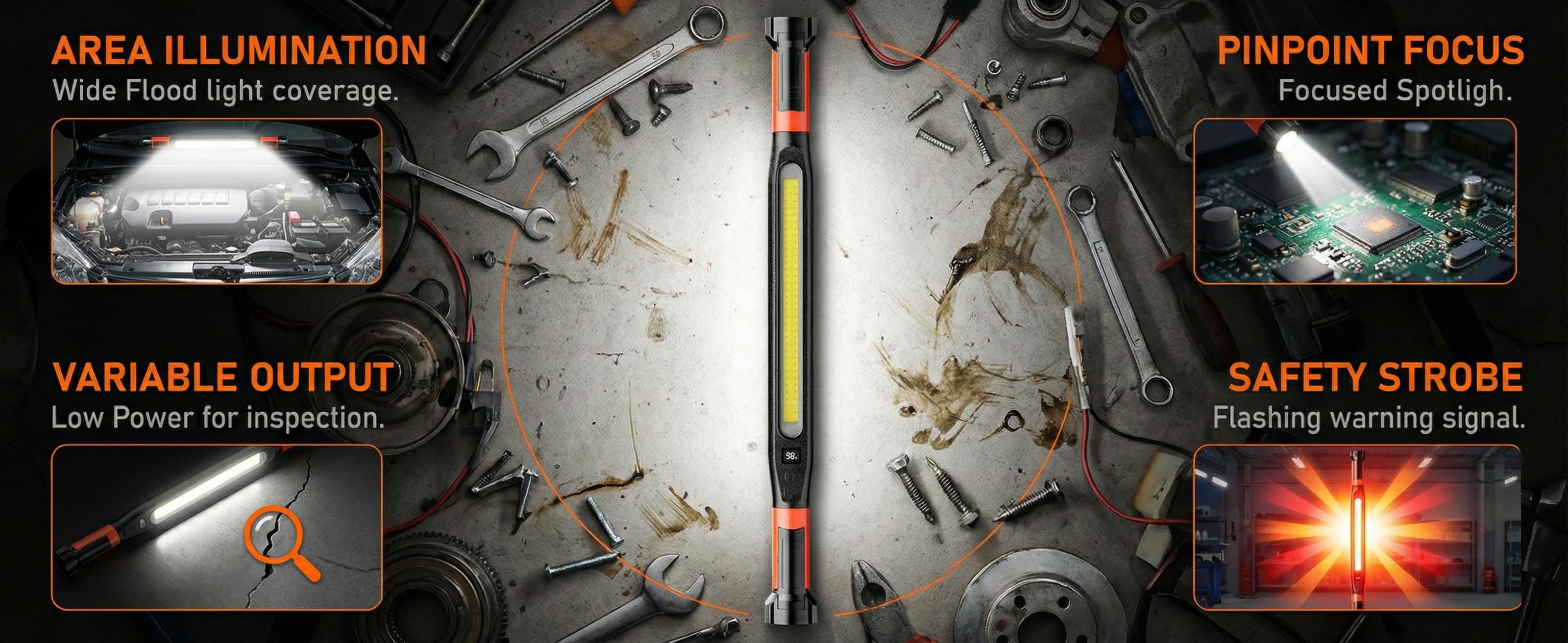 LED Magnetic Work Light for Car Repair, Super Bright Under Hood Inspection Lamp with Hook, 3 Light Modes, Durable ABS Auto Maintenance Flashlight (US Version) LED Magnetic Work Light for Car Repair, Super Bright Under Hood Inspection Lamp with Hook, 3 Light Modes, Durable ABS Auto Maintenance Flashlight (US Version)