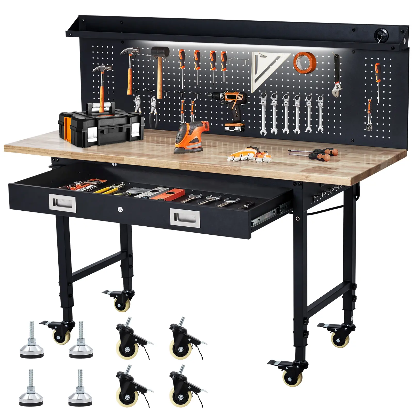 Adjustable Heavy Duty Workbench - 60" Rubber Wood Top, 2200 lbs Capacity, Integrated Power Outlets, Ample Drawer Storage, Rolling Wheels, Professional Work Table for Garage, Workshop, Home, Office