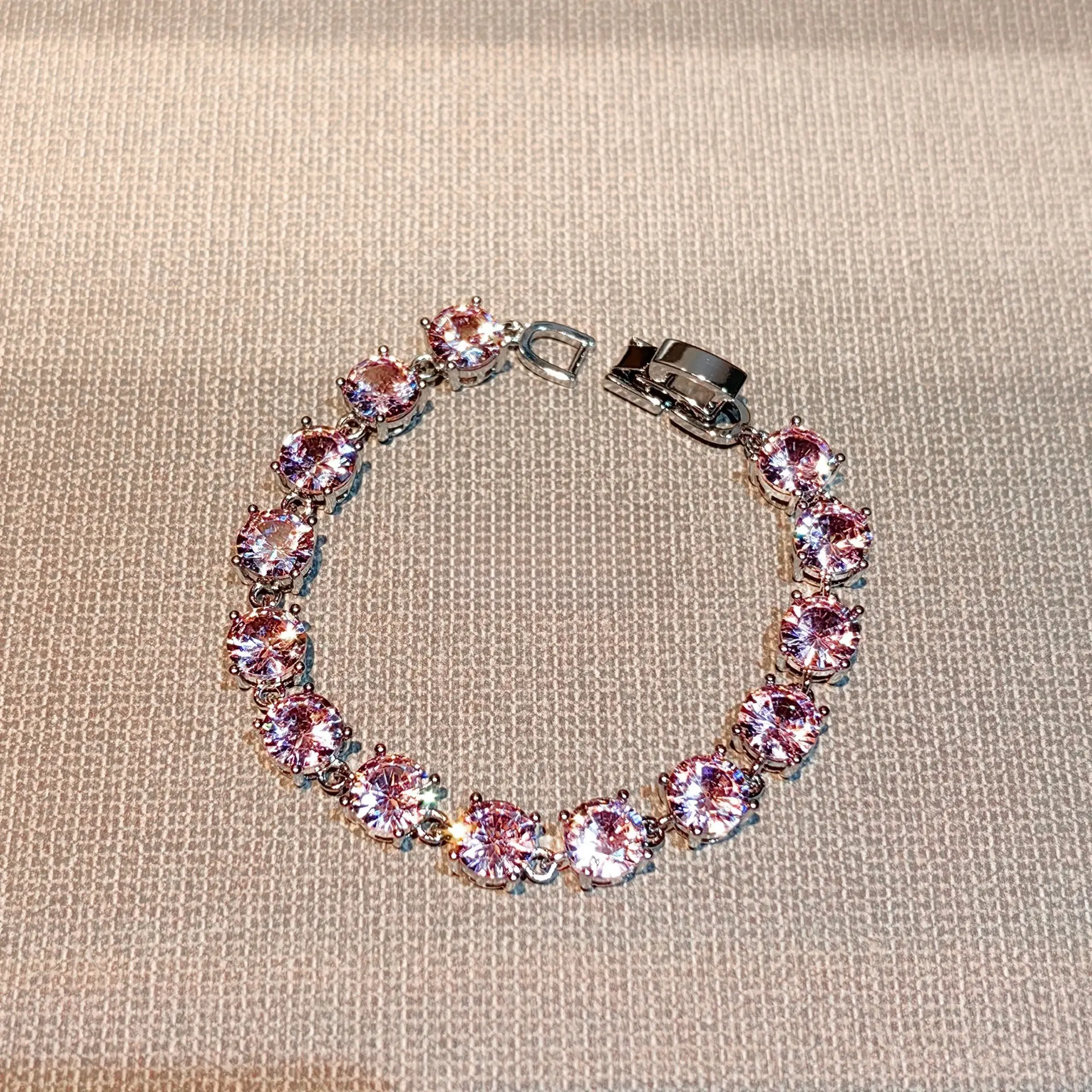 Women's Silver-Plated Dainty Pink Tennis Bracelet, Shiny Round Crystal Link Chain, Premium Cubic Zirconia Diamond-Cut Stackable Wristband, Minimalist Prom Gift Anniversary Jewelry