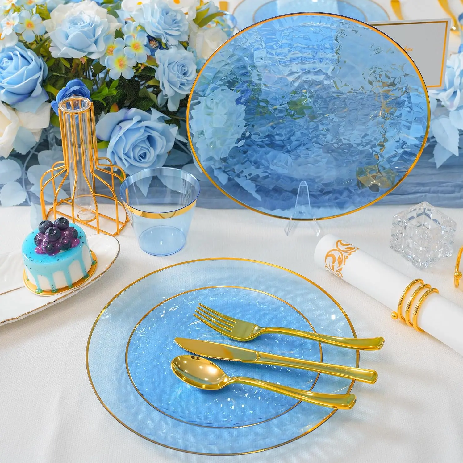 72Pcs Blue Plastic Plates with Gold Rim, Clear Plastic Plates, Fancy Blue Disposable Plates Includes 36 Dinner and 36 Dessert Plates, Hammered Heavy Duty Plastic Plate for Wedding